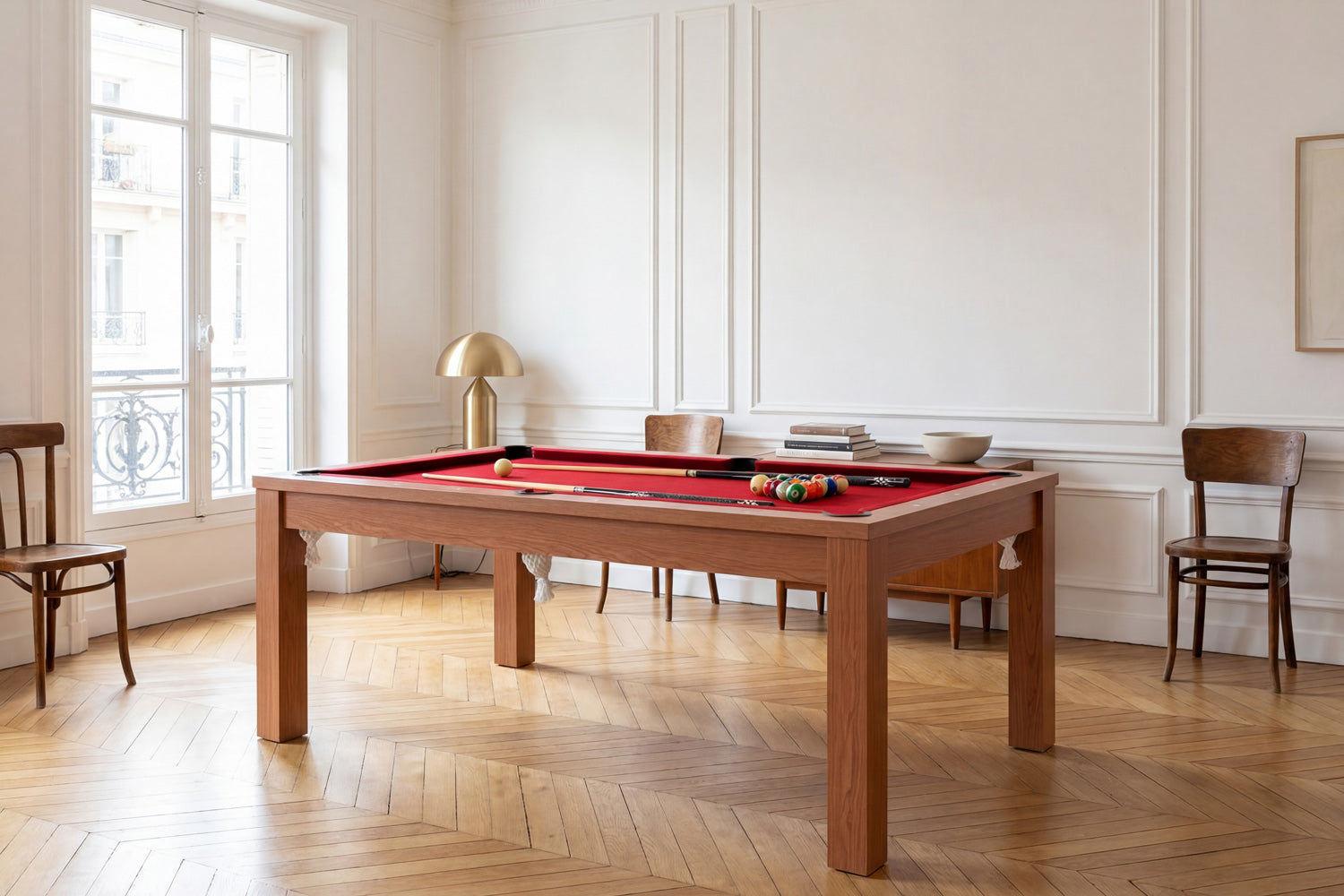 Billard Convertible en Table à Manger Merisier Tapis Rouge