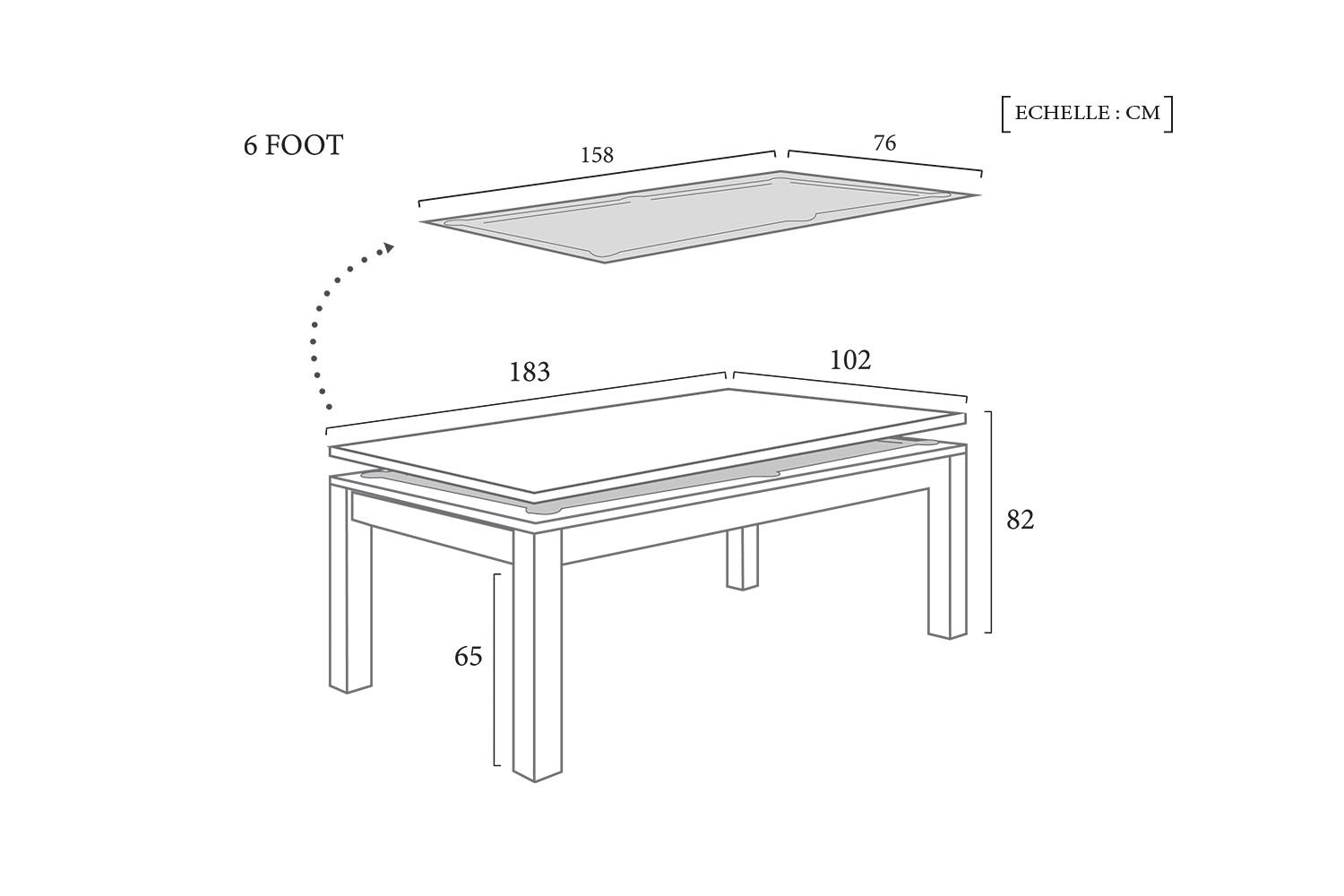 Schéma Technique Billard Convertible 6ft Plateau Blanc Defaistre meta-dimensions