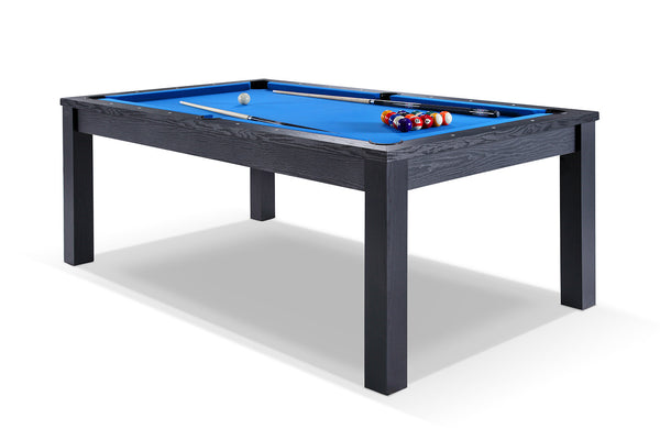 Billard noir transformable en table avec tapis bleu